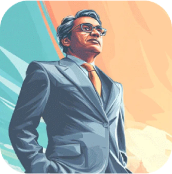 Illustrated man in a suit and glasses standing confidently against a colorful abstract background.