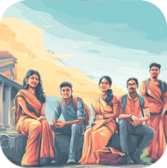 Illustrated group of five people seated together outdoors in a cultural setting.
