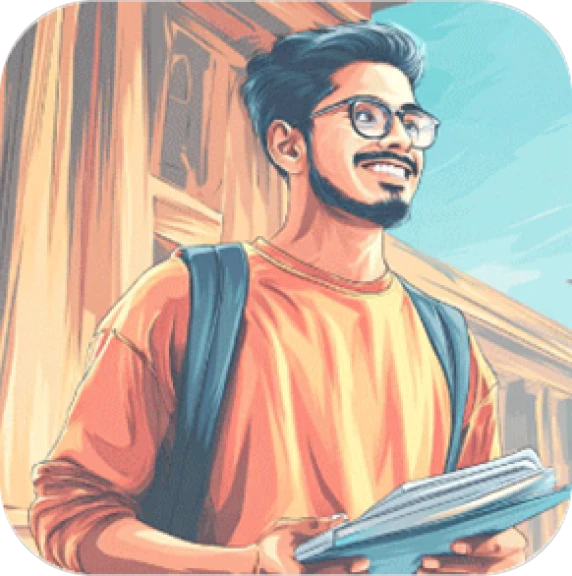 Illustrated young man wearing glasses and a backpack while holding books in front of traditional architecture.