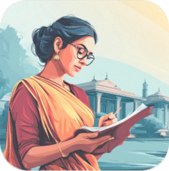 Illustrated woman in a sari and glasses reading and writing in a notebook near a riverside landmark.