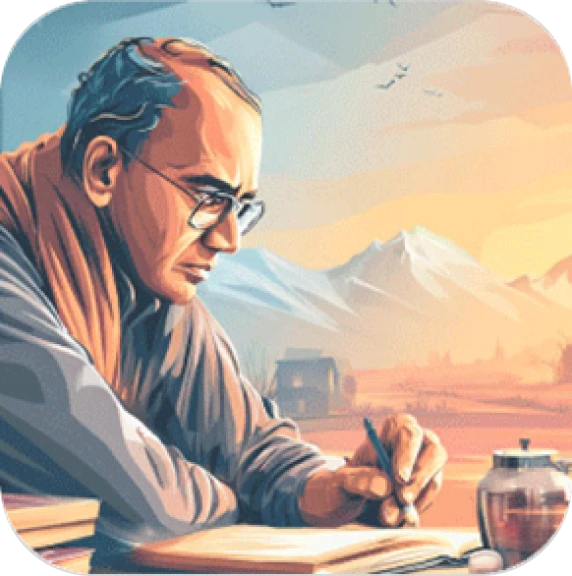 Illustrated man wearing glasses and a shawl, writing in an open book with mountains in the background.