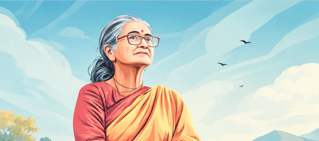 Illustrated woman in glasses and a sari standing against a bright sky with birds and mountains.