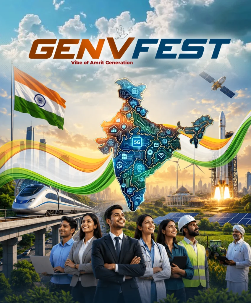 Gen V Fest graphic featuring an Indian flag, technology-themed map of India, modern infrastructure, and diverse professionals.