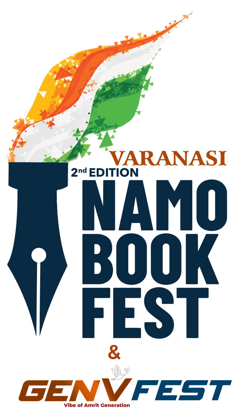 Namo Book Fest and Gen V Fest logo featuring the Indian tricolor in a pen-shaped design.