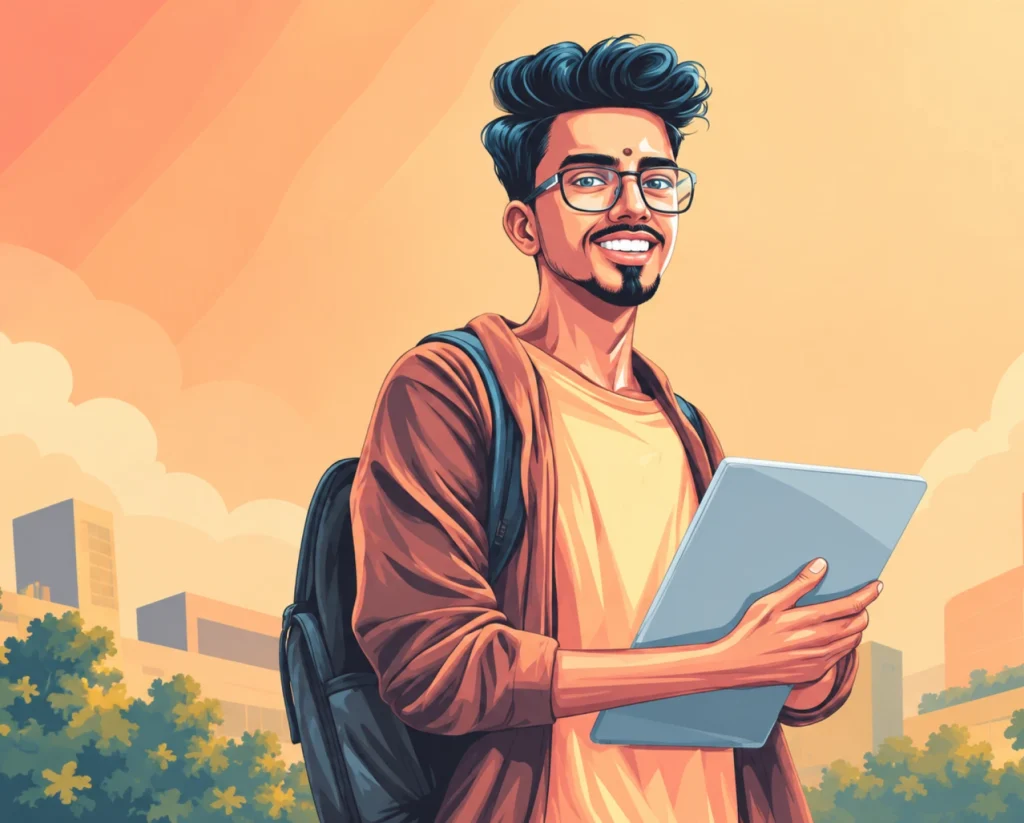 Illustrated young participant wearing glasses and a backpack while holding a tablet.