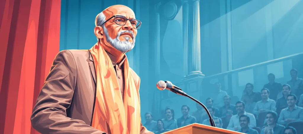 Illustrated speaker with glasses and white beard standing at a podium with a microphone before an audience.